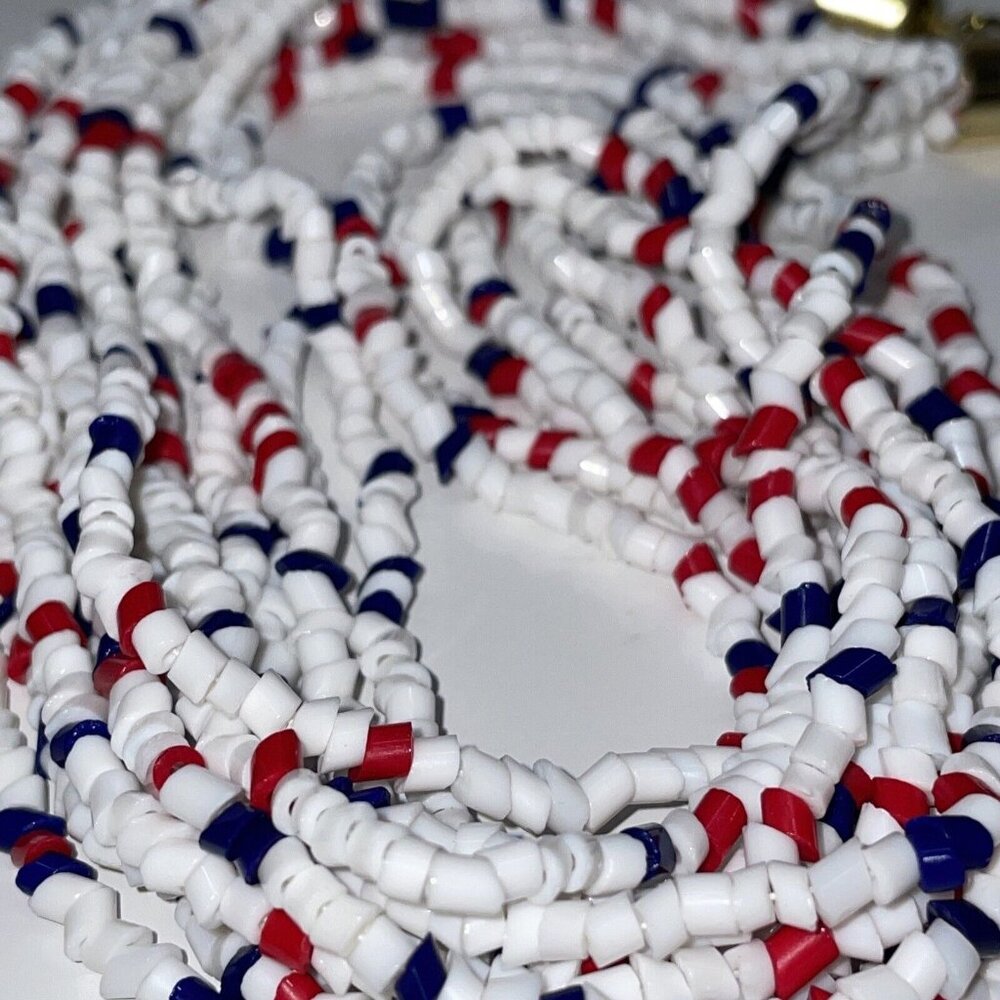 Vintage Red White & Blue Beaded Necklace 6 Strand 25” Long Statement Patriotic - Picture 5 of 10